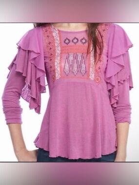 Free People La Cienega Wisteria Mauve Embroidered Sheer Inset Blouse  Size L